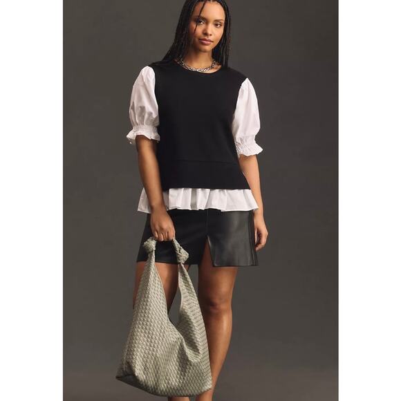 Anthropologie Layered Puff Sleeve Peplum Top XL Black White Preppy Chic - Picture 4 of 9